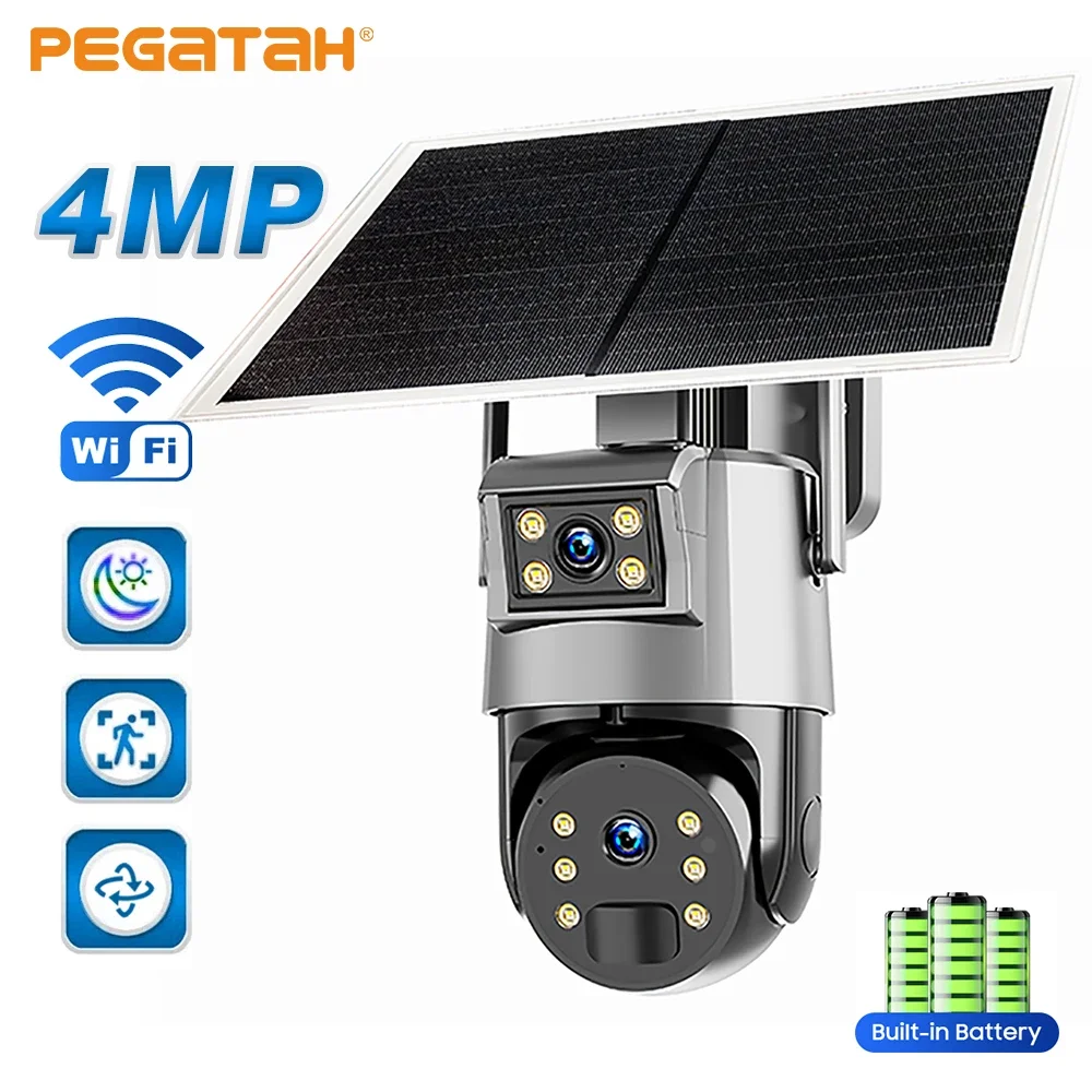 

PEGATAH WIFI Dual Lens Dual Screen Solar Panel CCTV Camera PTZ Outdoor 4MP Full Color 4G Human Detection Audio PIR Camera UBOX