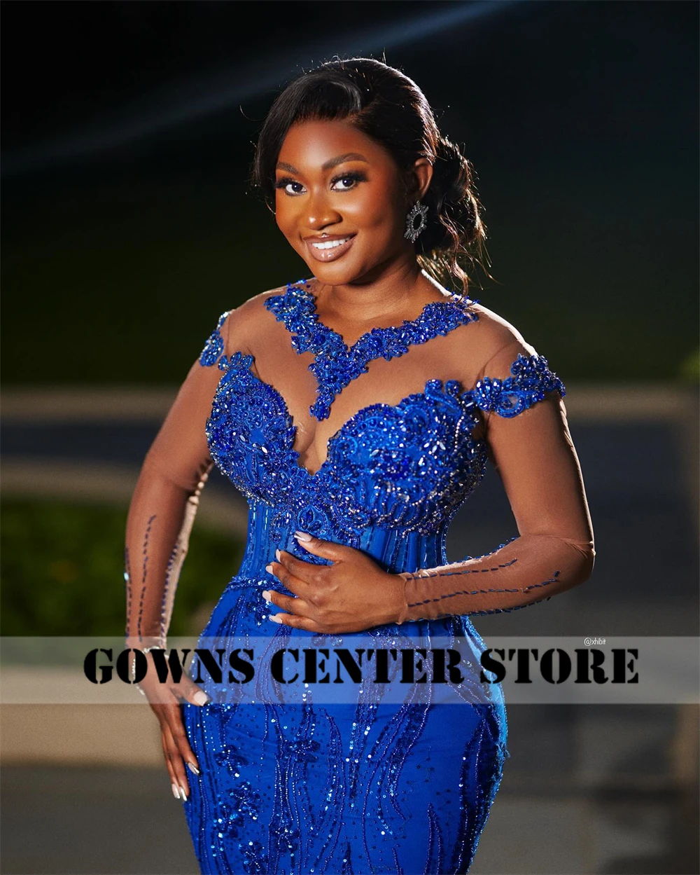 Royal Blue Long Mesh Sleeves Aso Ebi Evening Dresses Beaded Rhinestones Elegant Party Dress Mermaid African Woman Customized
