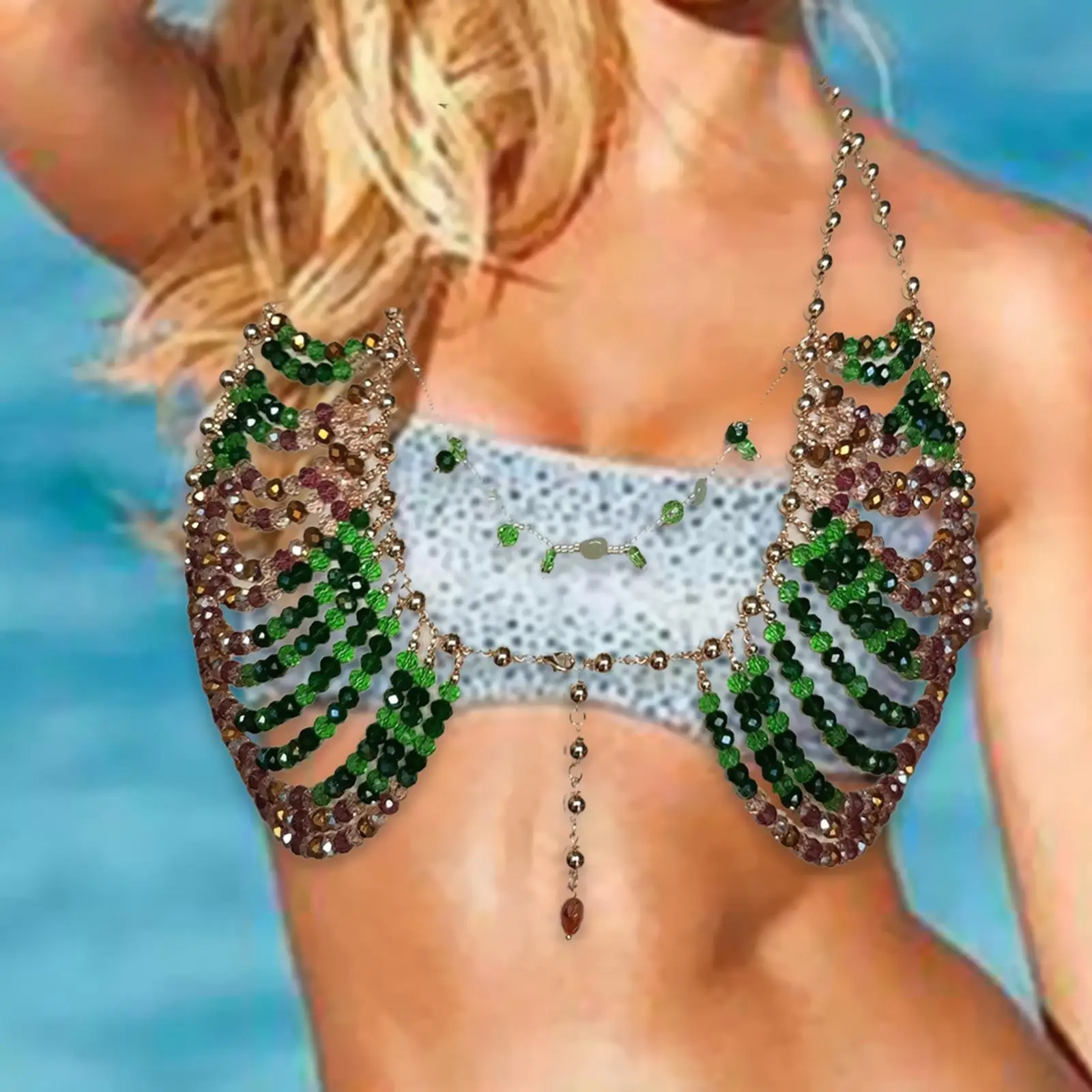 

Body Chain Bra Colorful Beading Chain Bra Novelty Trendy Luxury Body Jewelry for