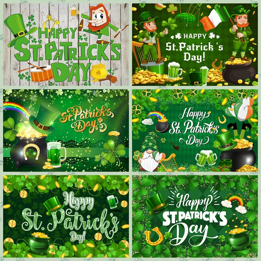 Happy St. Patrick’s Day Backdrop for Photography Clover Shamrock Hat Festival Party Portrait Photo Background Decor Prop