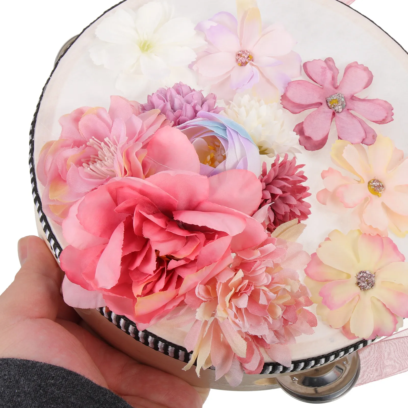 Silk Flower Ribbon Hand Drum Musical Percussion Instrument Lightweight Portable for Party Cheering Educational