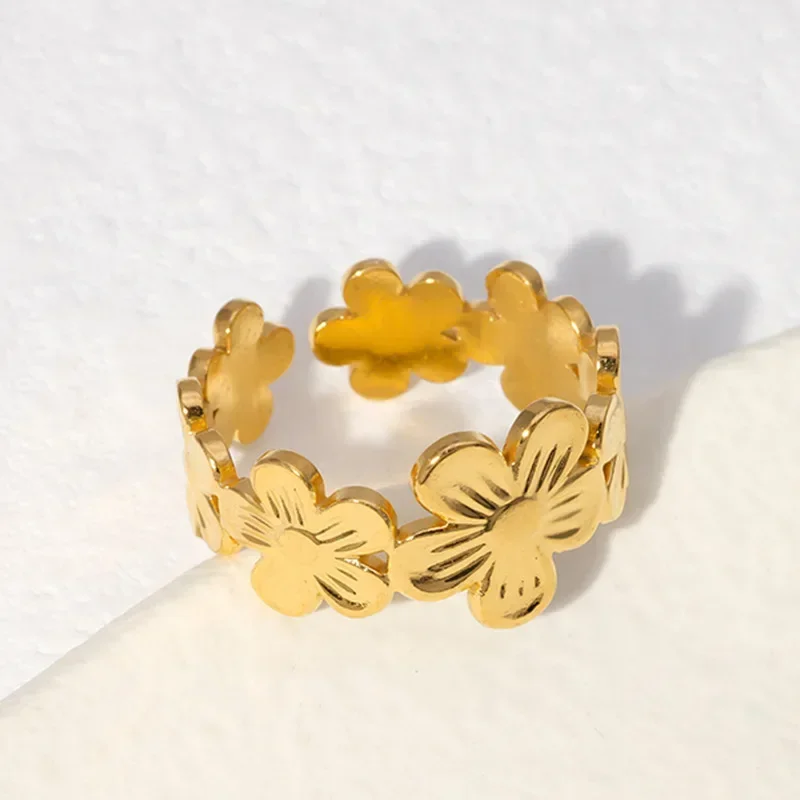 Stainless Steel Vintage Flower Rings Gold Silver Color Adjustable Open Finger Rings for Women Girls Accessories Gifts