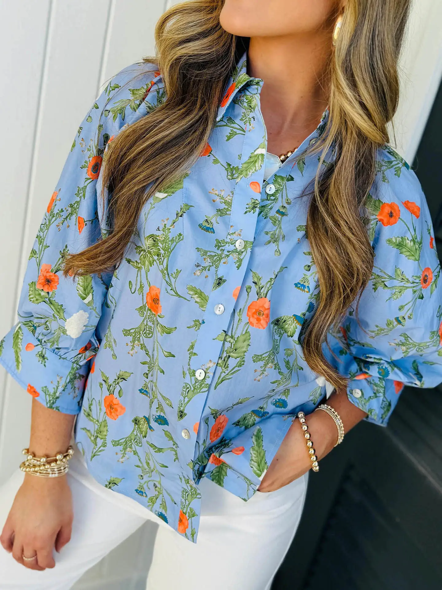 

Casual Floral Print Shirt Women's Single Button Seven Sleeve Loose Fit Turn-down Collar Breathable Polyester Spring Summer