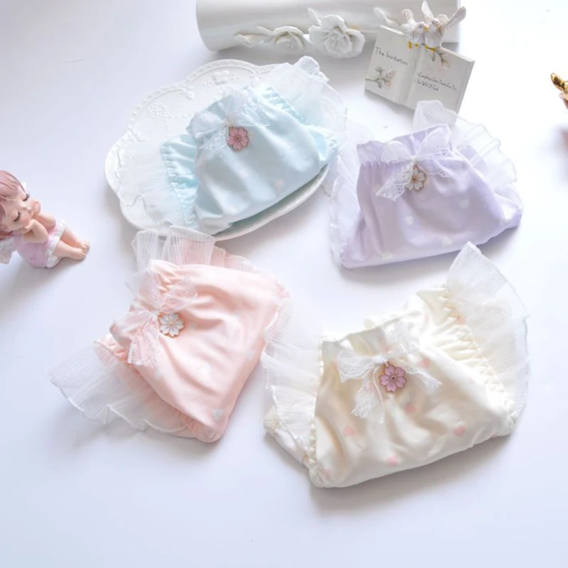 Cute Lovely Sweety Princess Style Lolita Cosplay Underwear Milk Silk Ruffles Bow High Stretch Seamless Panties Breathable Breifs