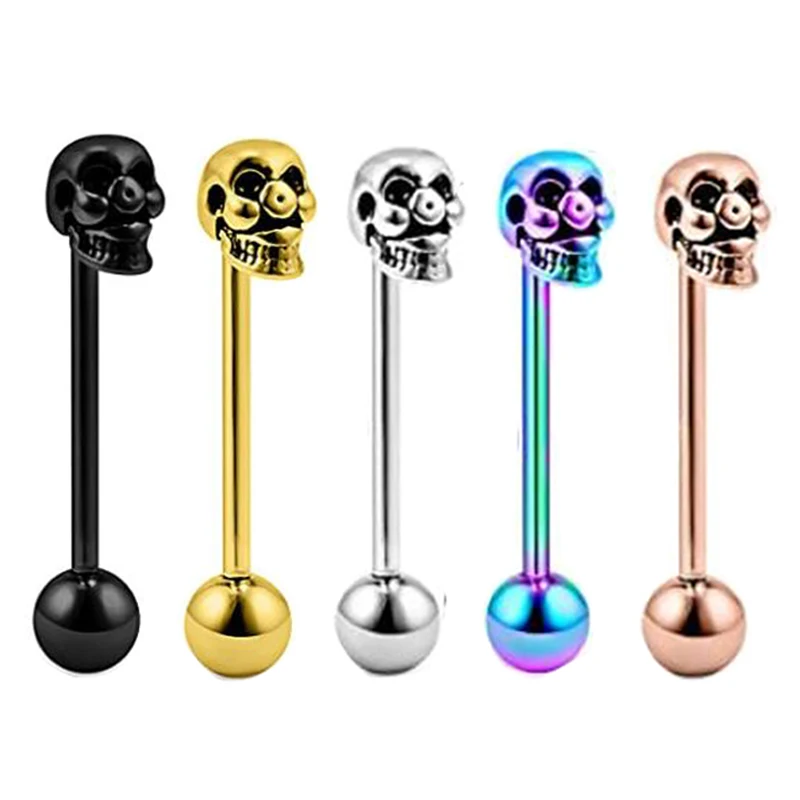 skull Tongue piercing stainless steel crystal Tongue rings piercing lengua men barbell pircing langue body jewelry ear tragus