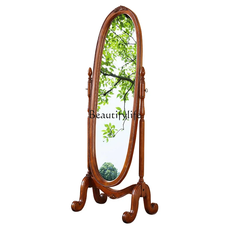 Solid Wood Dressing Full-Length Mirror Bedroom Makeup Coat and Cap Mirror Floor