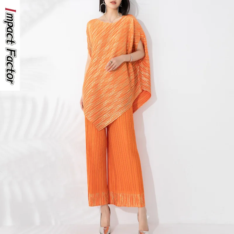 Miyake Pleated Bat Sleeve Irregular Pullover Top High Fashion Women's Round Neck Slanted Loose Top+Wide Leg Pants Bronzing Set