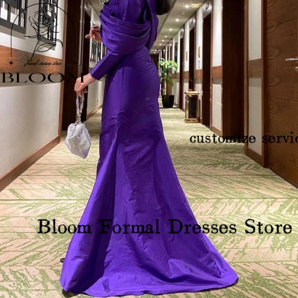 Bloom Purple Customized Taffeta Evening Dresses Long Sleeves Cross Ruched Arabia Elegant Formal Wedding Party Dresses For Prom