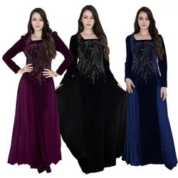 Winter Fashion Velvet Dress Muslim Women Square Neck Long Sleeve High Waist Pleated Long Dress Elegant Dress Women