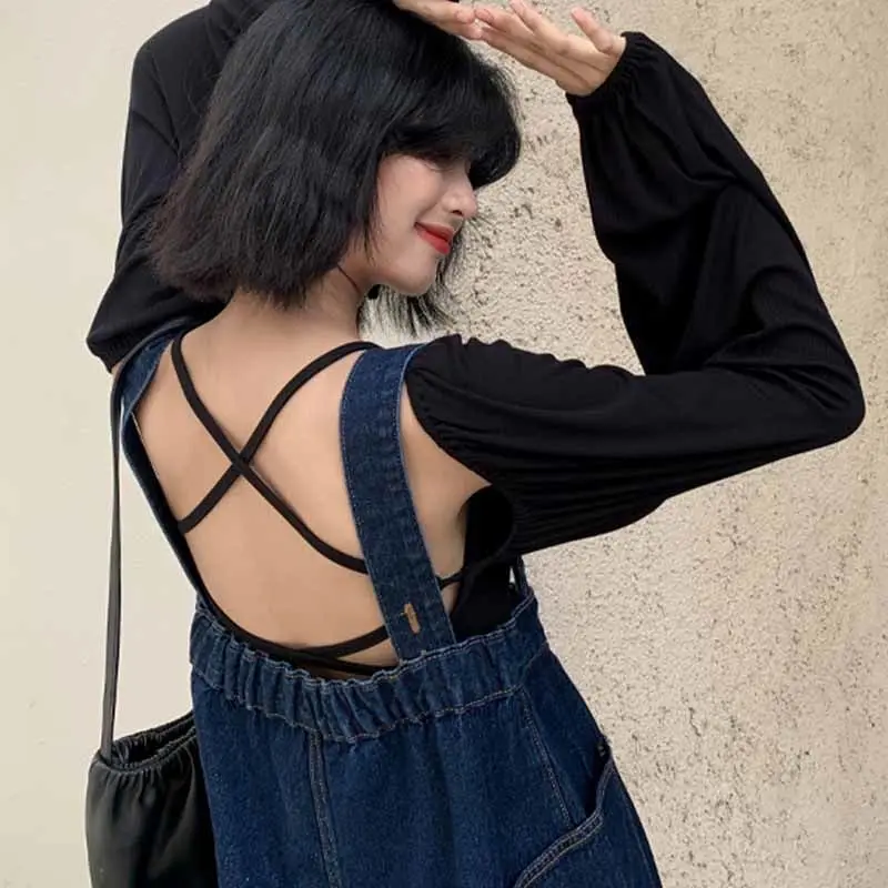 

Black Jumpsuits Women College Comfy Drape Garment Vertical Mori Orangepink Artistic Wash Woman Braces Personalized Bleached