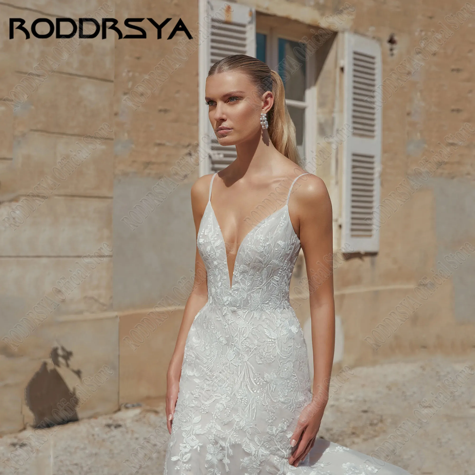 RODDRSYA-Robe de mariée sirène en dentelle avec décolleté en V pour femme, bretelles spaghetti, surintendant wjurk, tulle, appliques de plage, dos nuRoddrsya dentelle sirène robe de mariée V - neck spaghetti Strap pant