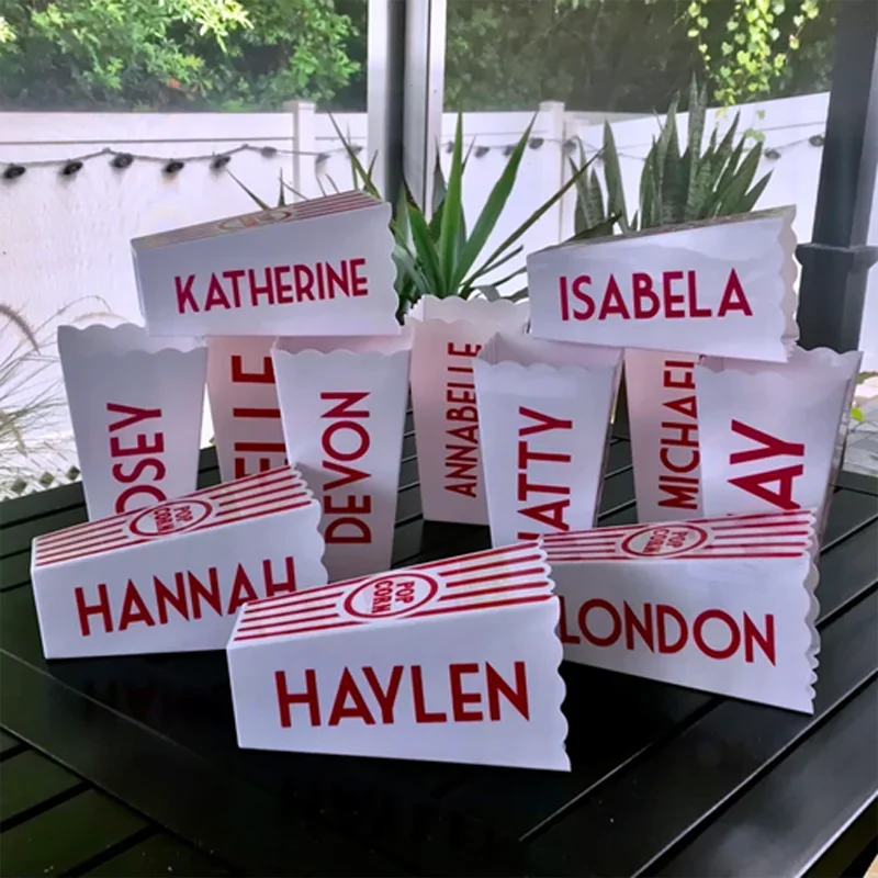 

Custom Popcorn Bucket Personalized Name Print Red Stripe Movie Theater Style Party Snack Tub Food-Safe Reusable Movie Night