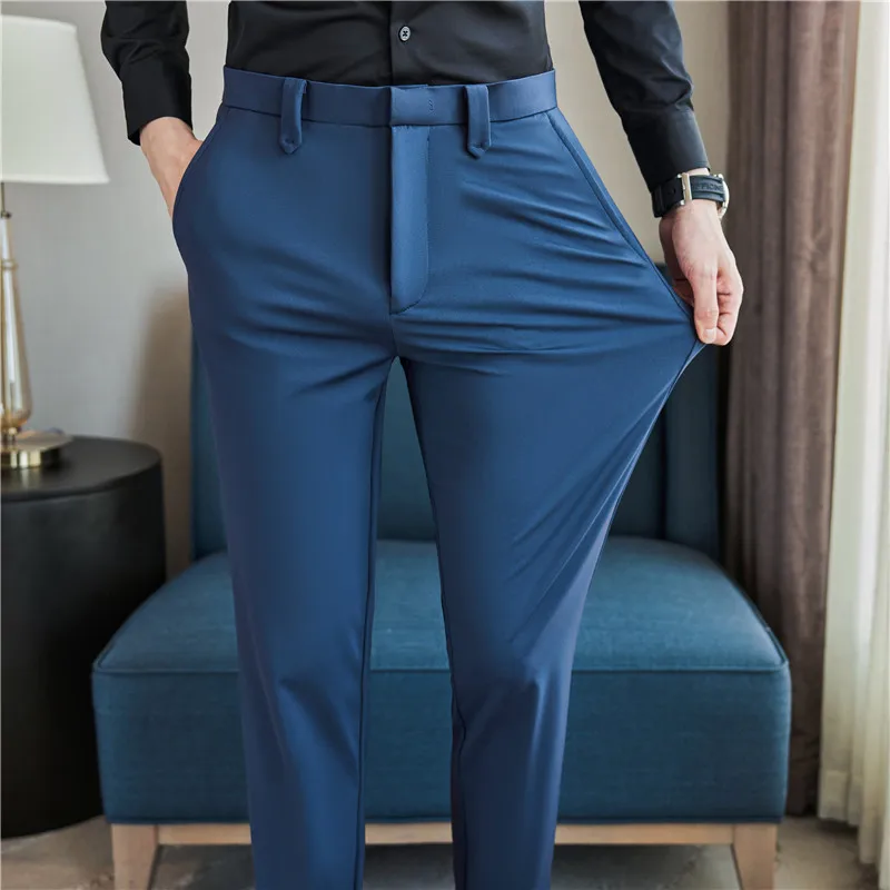 Summer Thin Mens Pants High Elastic Business Casual Suit Pants Men\'s Fashion Formal Straight Sleeve Trousers Men Plus Size 28-38