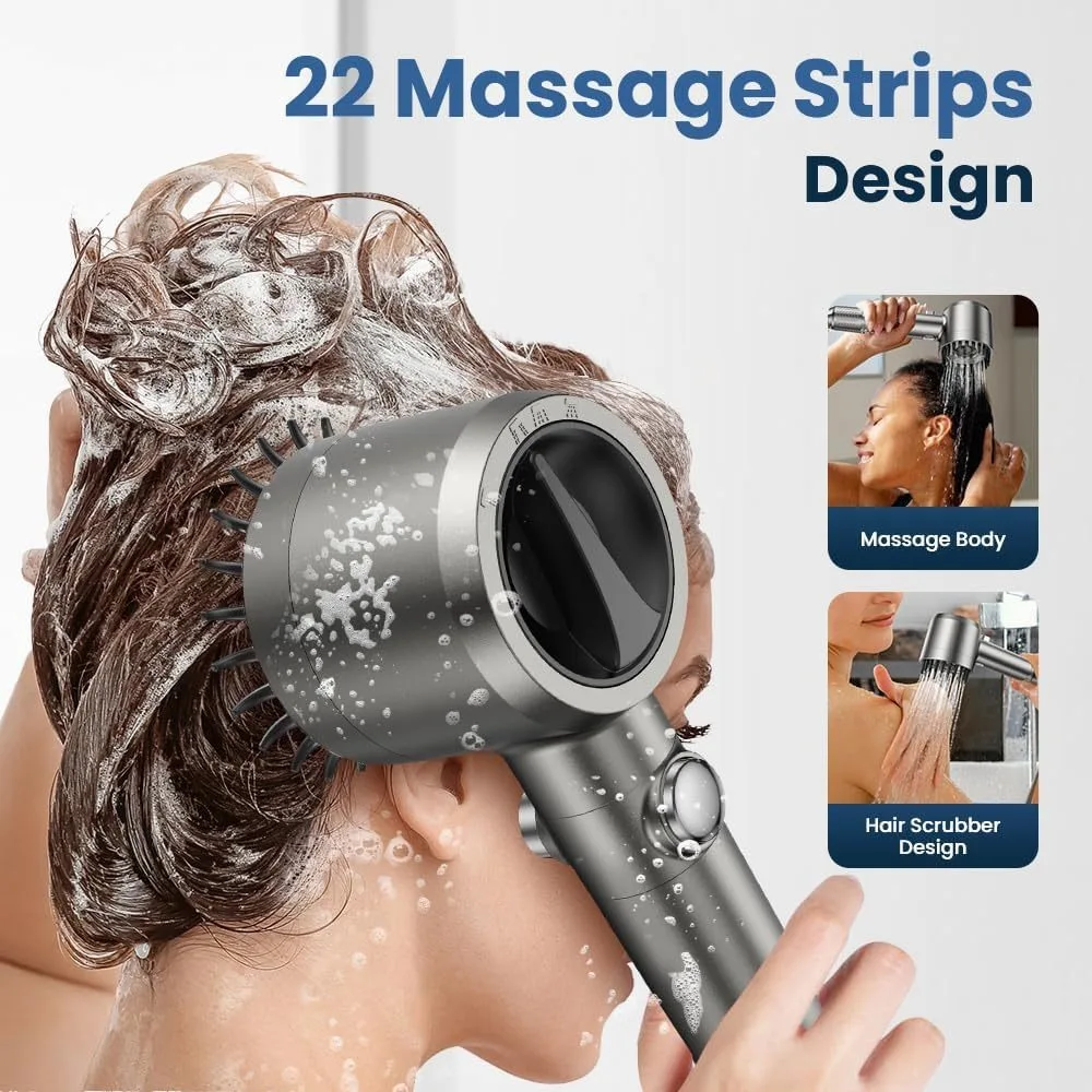 4-Spray Filtered Shower Head – High Pressure, 22 Massage Brushes, Multi-Stage Cartridge, One-Key Pause, Detachable Hose