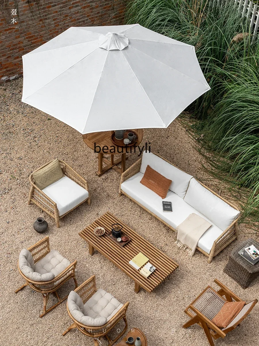 Q181 Southeast Asian Style Outdoor Courtyard B & B Teak Rattan Leisure Sofa and Tea Table Combination Outdoor Furniture