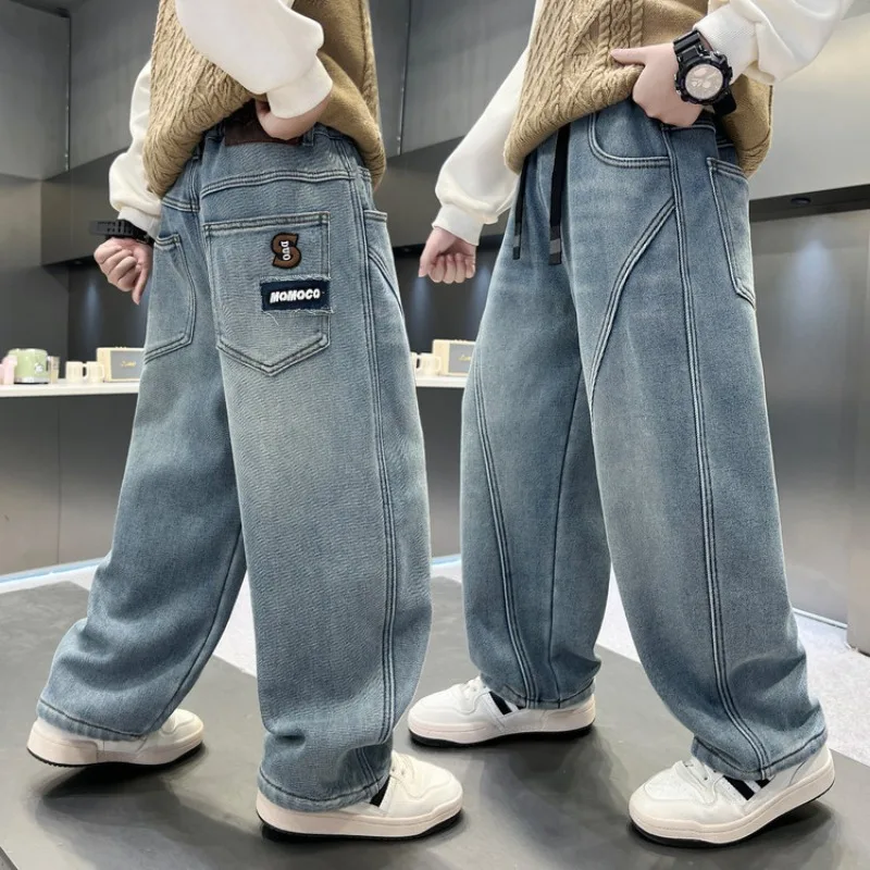 Autumn Kids Boys Jeans UNITIM Versatile Pockets Young Teenagers Boys Straight Pants Loose Elastic Waist 4-14Yrs Boys Casual Pant