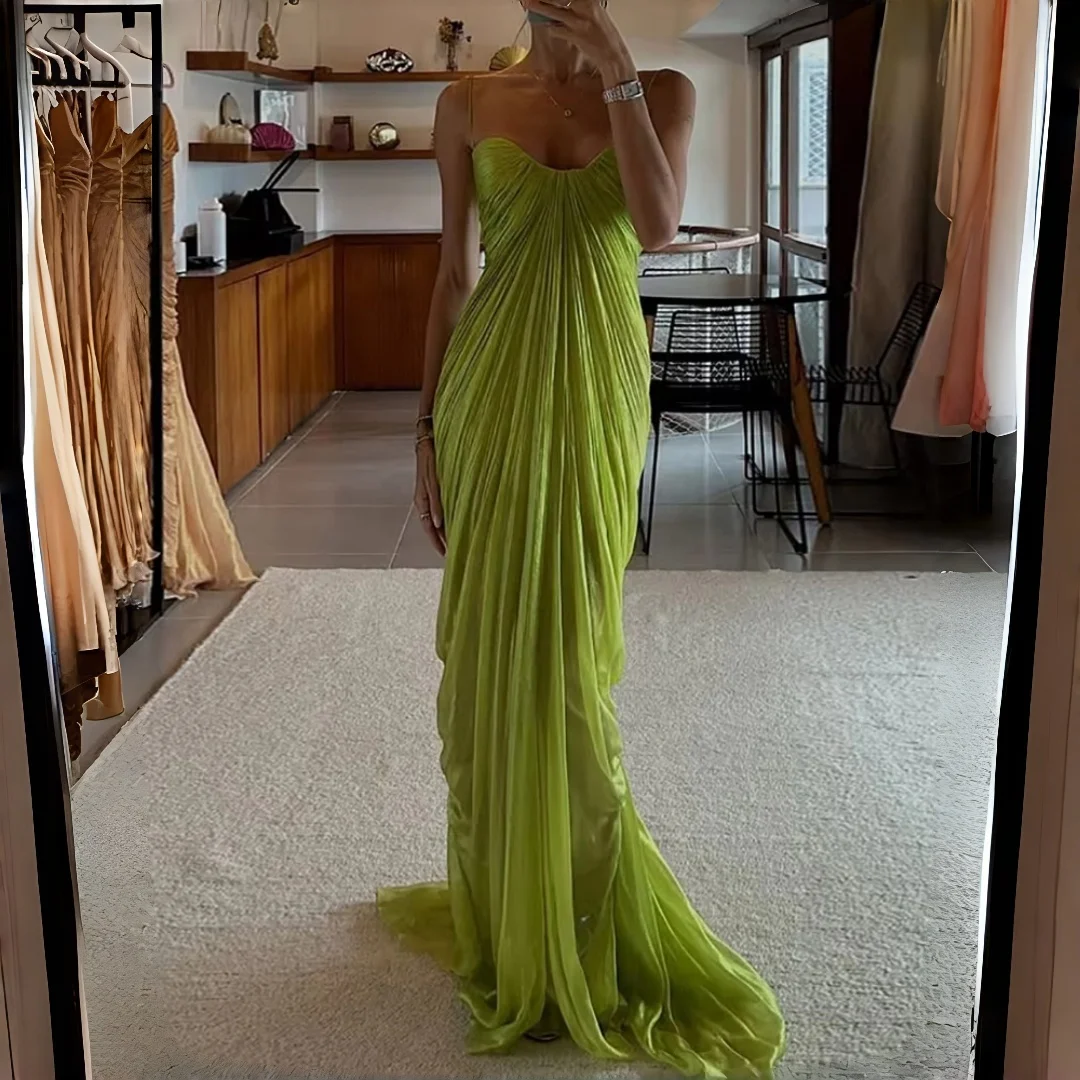 Vestido de noche verde lima con escote corazón y tirantes finos, plisado, drapeado, fruncido, largo hasta el suelo, estilo sirena, para invitadas de boda, vestido formal.