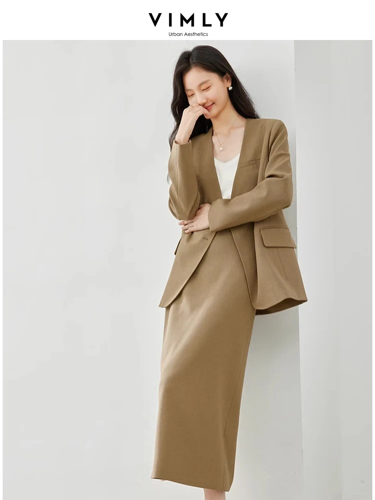 

Vimly 2024 Spring Outfits Blazer Skirt 2 Pieces Sets for Women Elegant Fashion Matching Sets Jacket Split Skirt Suit with Belt