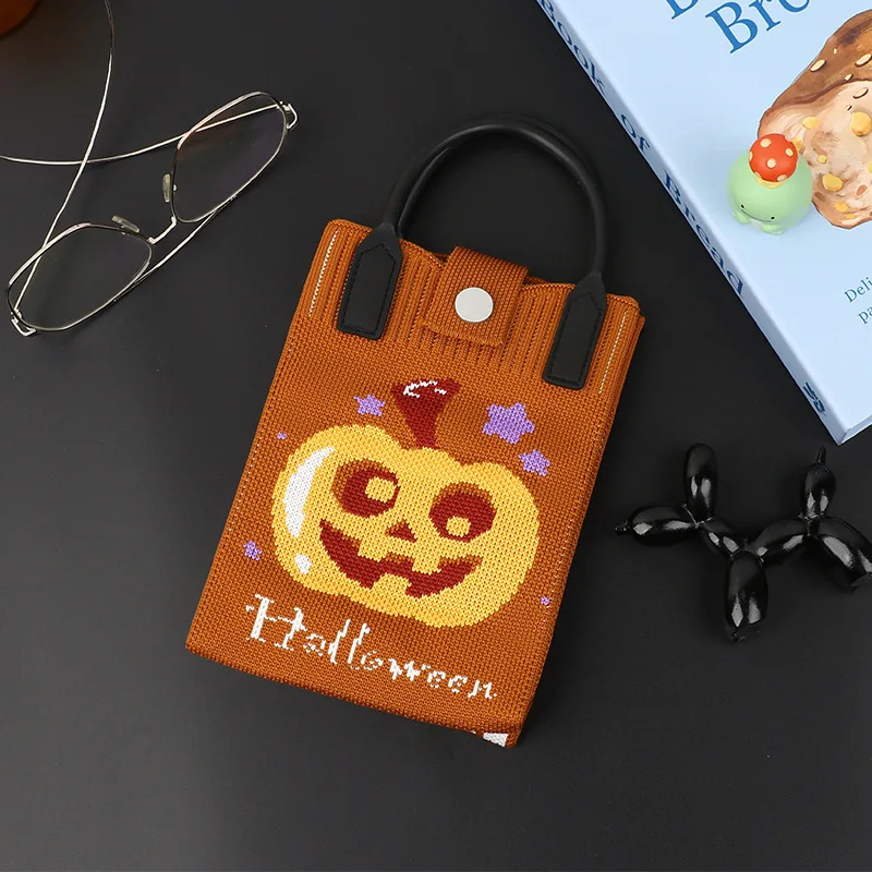 Pumpkin Print Bag Adorable Cartoon Ghost Shoulder Bag Crossbody Phone Pouch Portable Halloween Knitted Handbag For Casual Daily