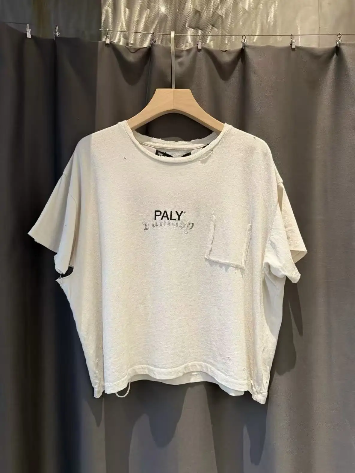Paly hollywood 26ss pocket white faded damage washed short sleeve t-shirt