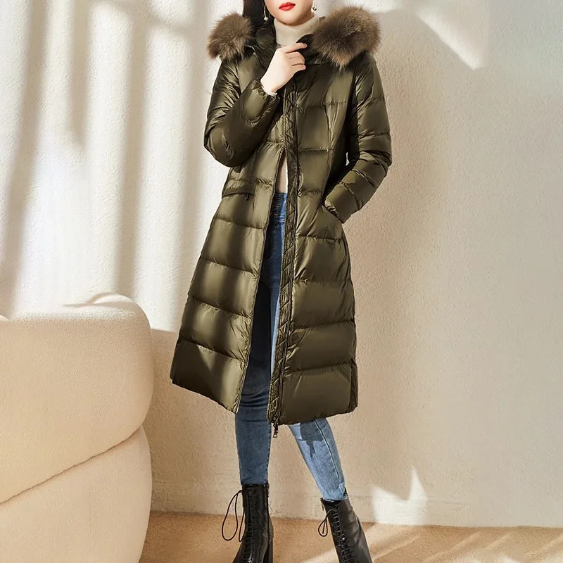 

Women Long Overcoat 2024 Winter New with Belt Waist Slimming Female Warm Parka Fox Fur Collar 90% White Duck Down Jacket