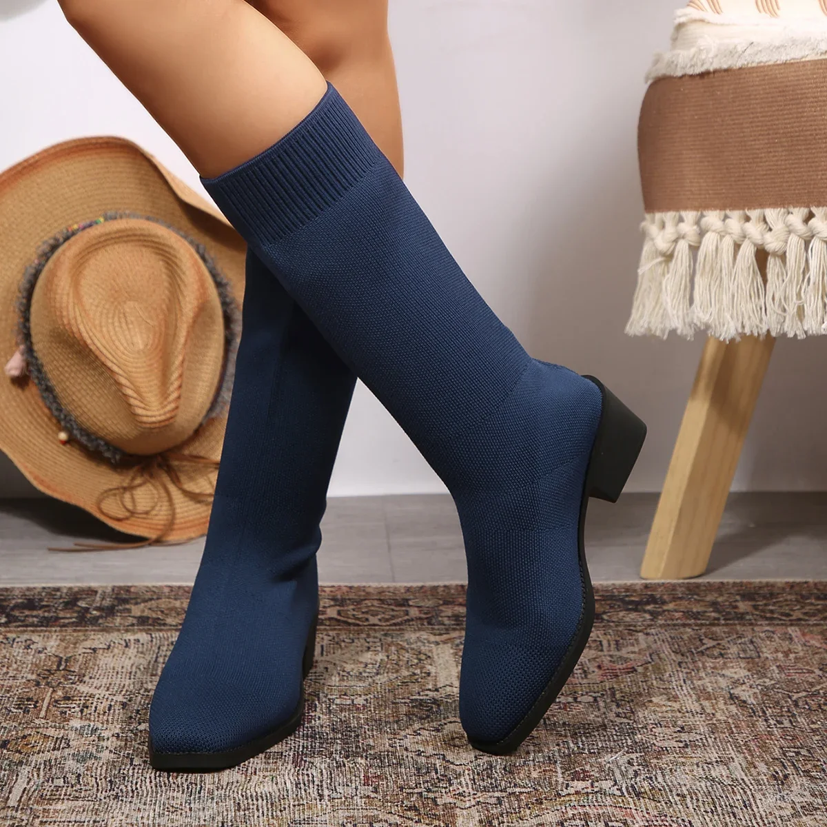 Frühling Herbst Mode Damenstiefel Quadratische Spitze Gestrickte Sockenstiefel Slip-on Halbstiefel Damen High Heels Übergrößen 35-43 Schuhe – Detail 28