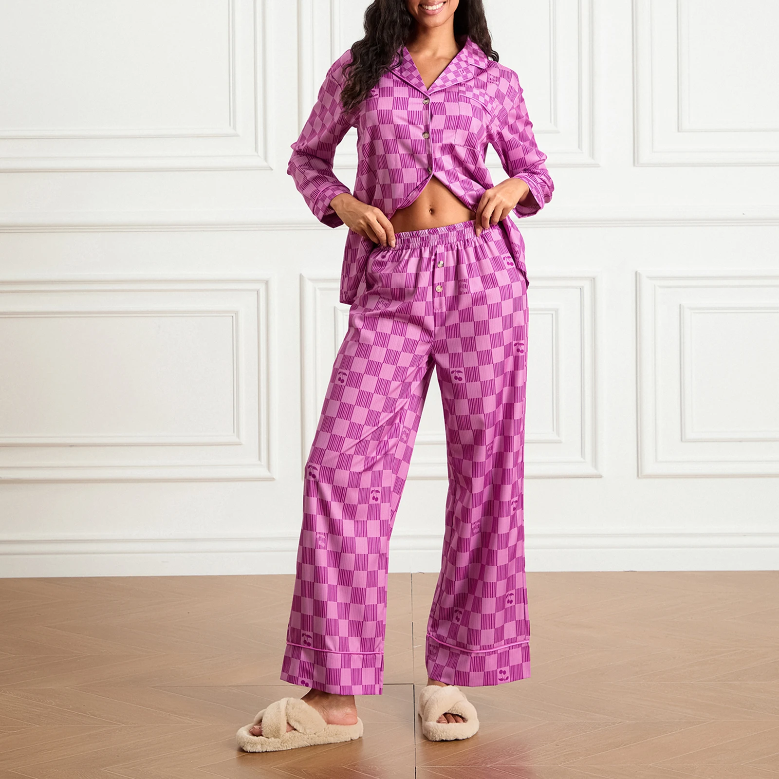 Women’s 2 Piece Pajama Set Long Sleeve Checkered Print Button Up Shirt Pants Set Sleepwear Loungewear