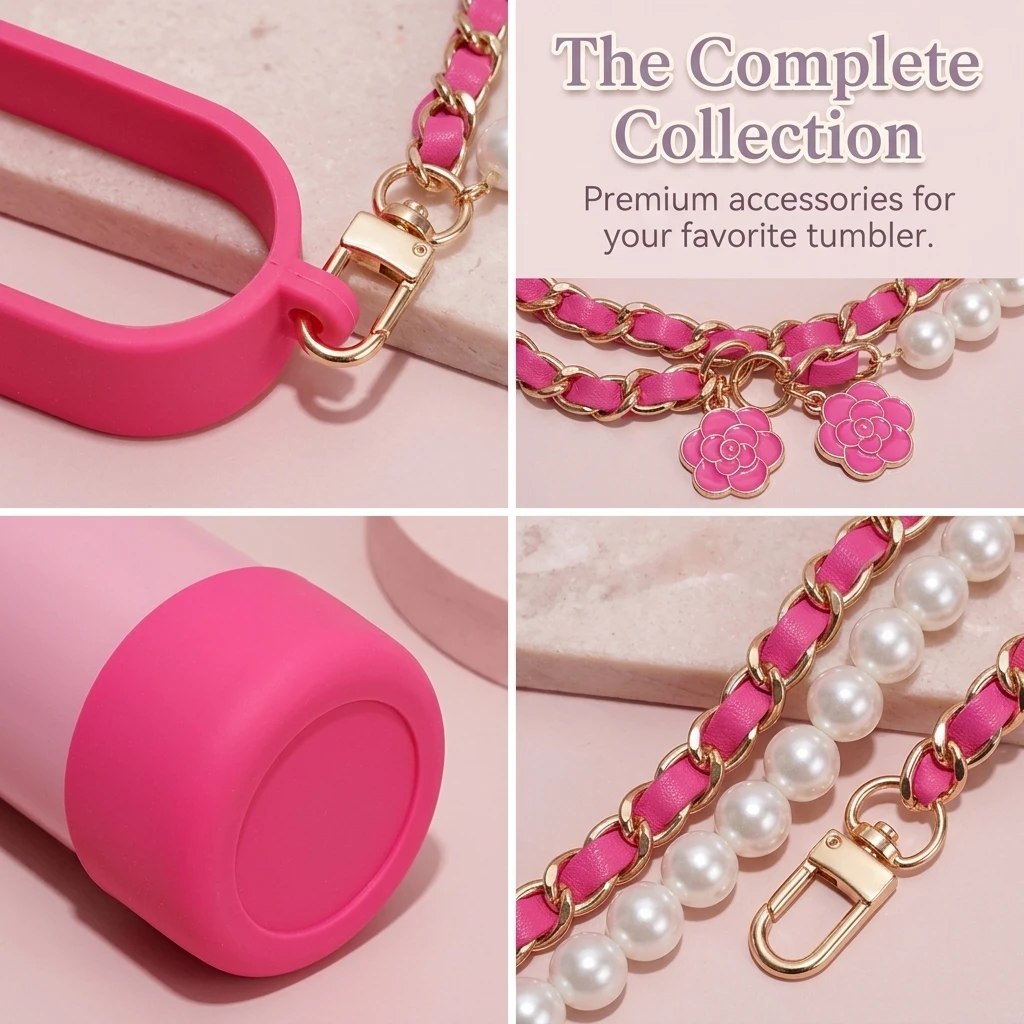 Water Bottle Handle Strap & Boot Set for Stanley 40oz Tumbler, 16oz and 19oz Water Bottle,Coquette Pink Pearl Style Cup Decor