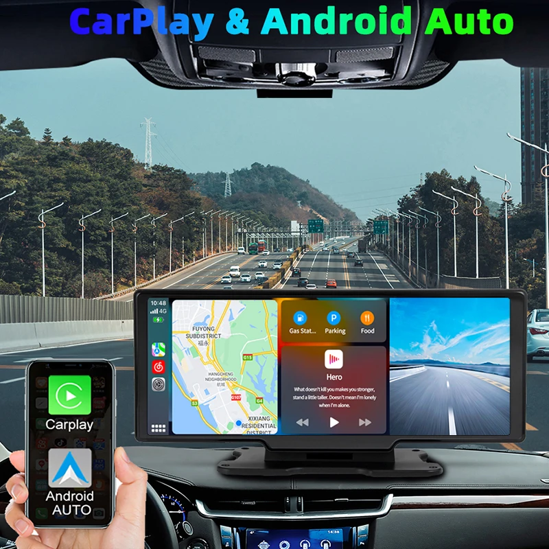 4K Dash Cam and 1080P Rear Camera Wireless Cast CarPlay Android Auto GPS Logger 5G WiFi Monitor Car Video Recorder FM Trasmitter