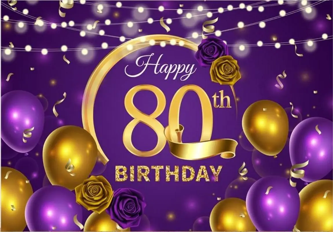 Happy 80th Birthday Backdrop Gold Purple balloon Background Glitter for Photography Party Banner Decoration Photo Booth Props
