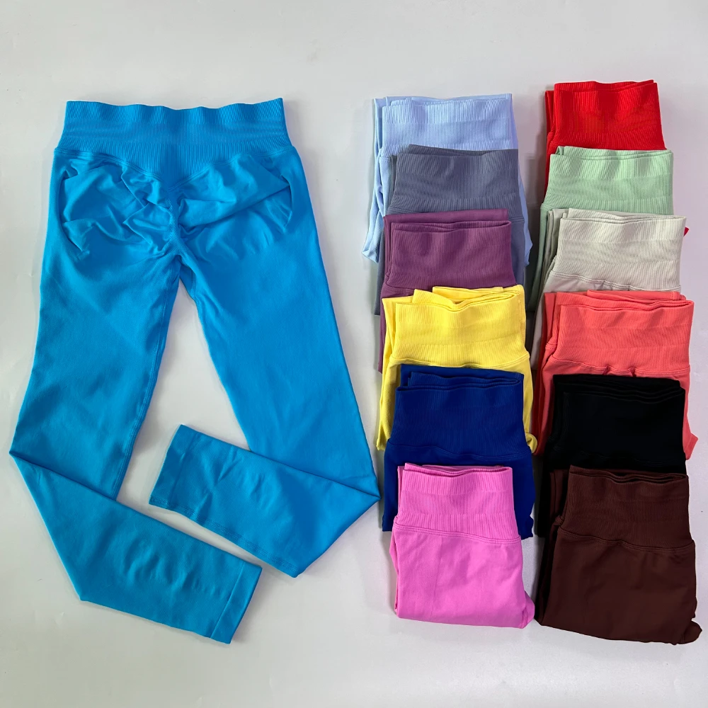 No Logo Gym Leggings Women Seamless Yoga Pants High Waist Low Ribbed Band Fitness Leggings Fitness Sweat Wicking Workout Tights