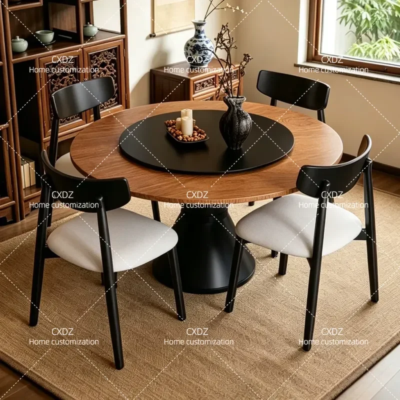 Medieval Solid Wood Round Dining Table Set with Rotating Disc for Living Room Small Apartment Large Board Household Furniture