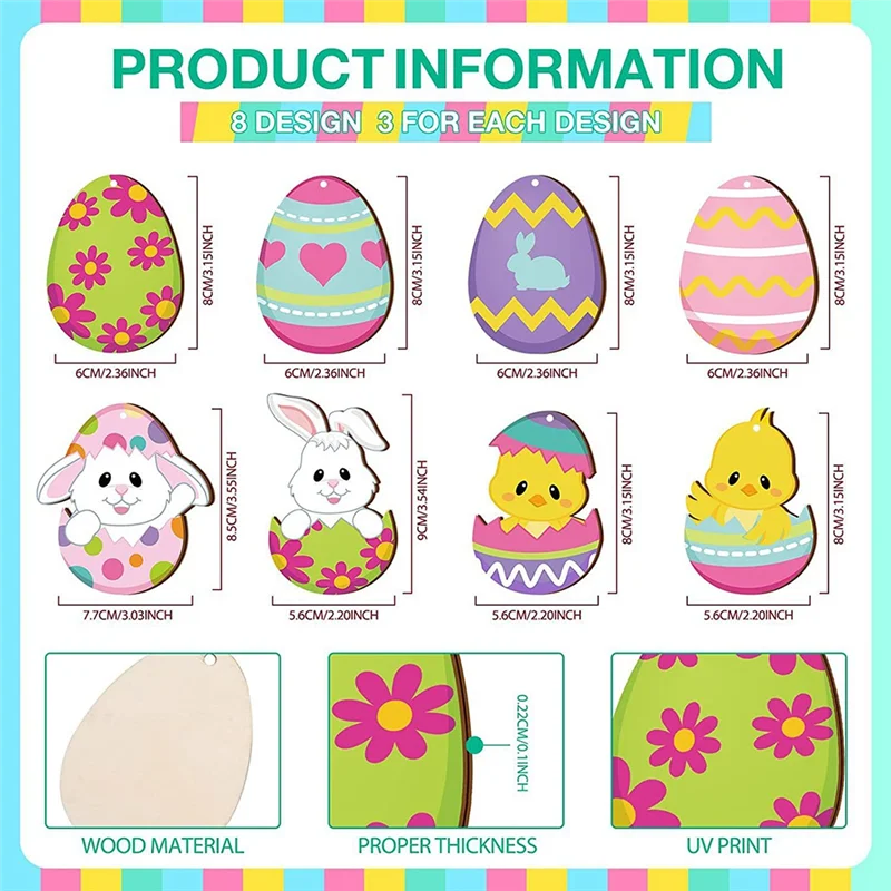 SR-24PCS イースターデー木製オーナメント 吊り下げ飾り ホームオフィスパーティー教室装飾用 バニーフラワー風 ランヤード付き