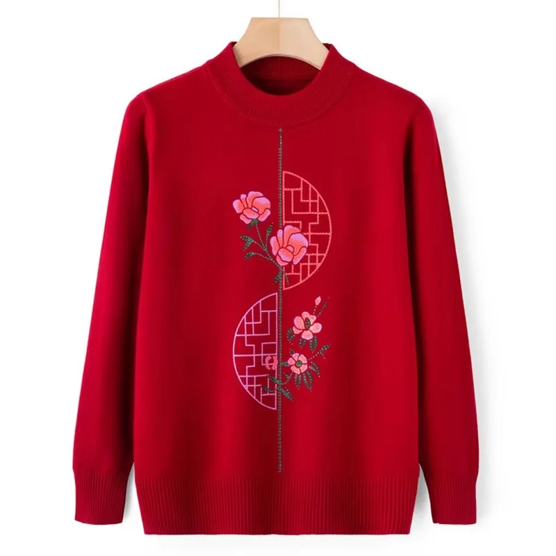 Autumn Winter Women Sweater Pullover New Middle-aged Elderly Round Neck Bottoming Shirt Grandma Warm Tops Knit Pull Femme Jumper