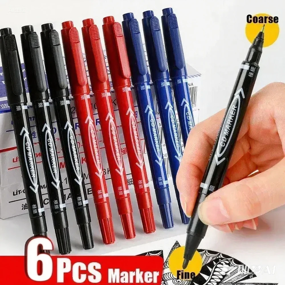 6pcs Oil-based Marker Pens, Black Permanent Ink, Non-erasable Writing, Office School Stationery Supplies