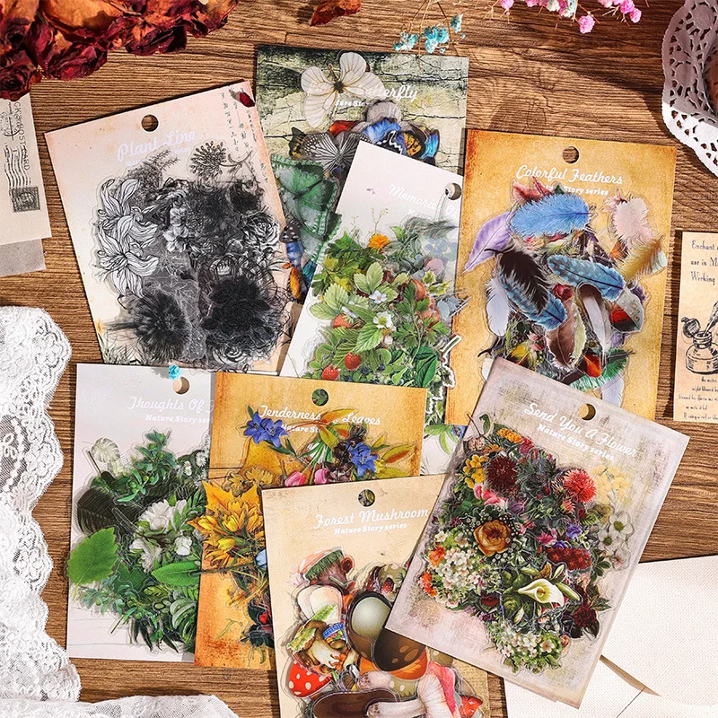 60pcs Stickers PVC Waterproof Natural Story Journal Vintage Plant Material Paper for Scrapbook Diary Planners