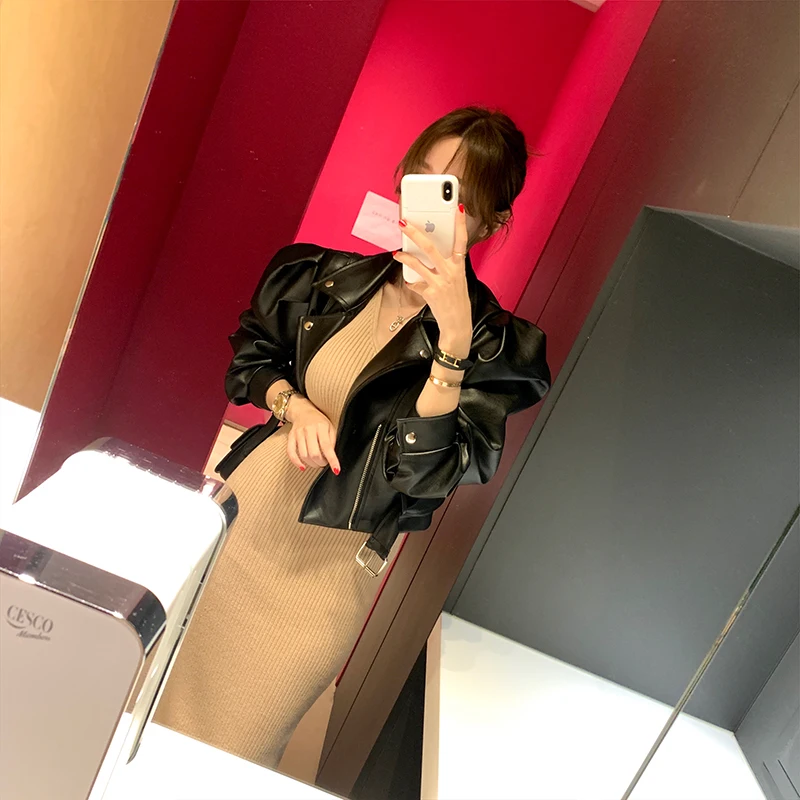 

Women's 202 Autumn Loose Waist-Cinching ort PU Leather Jaet with Bubble Sves Motorcycle Sle Coat Zipper Closure