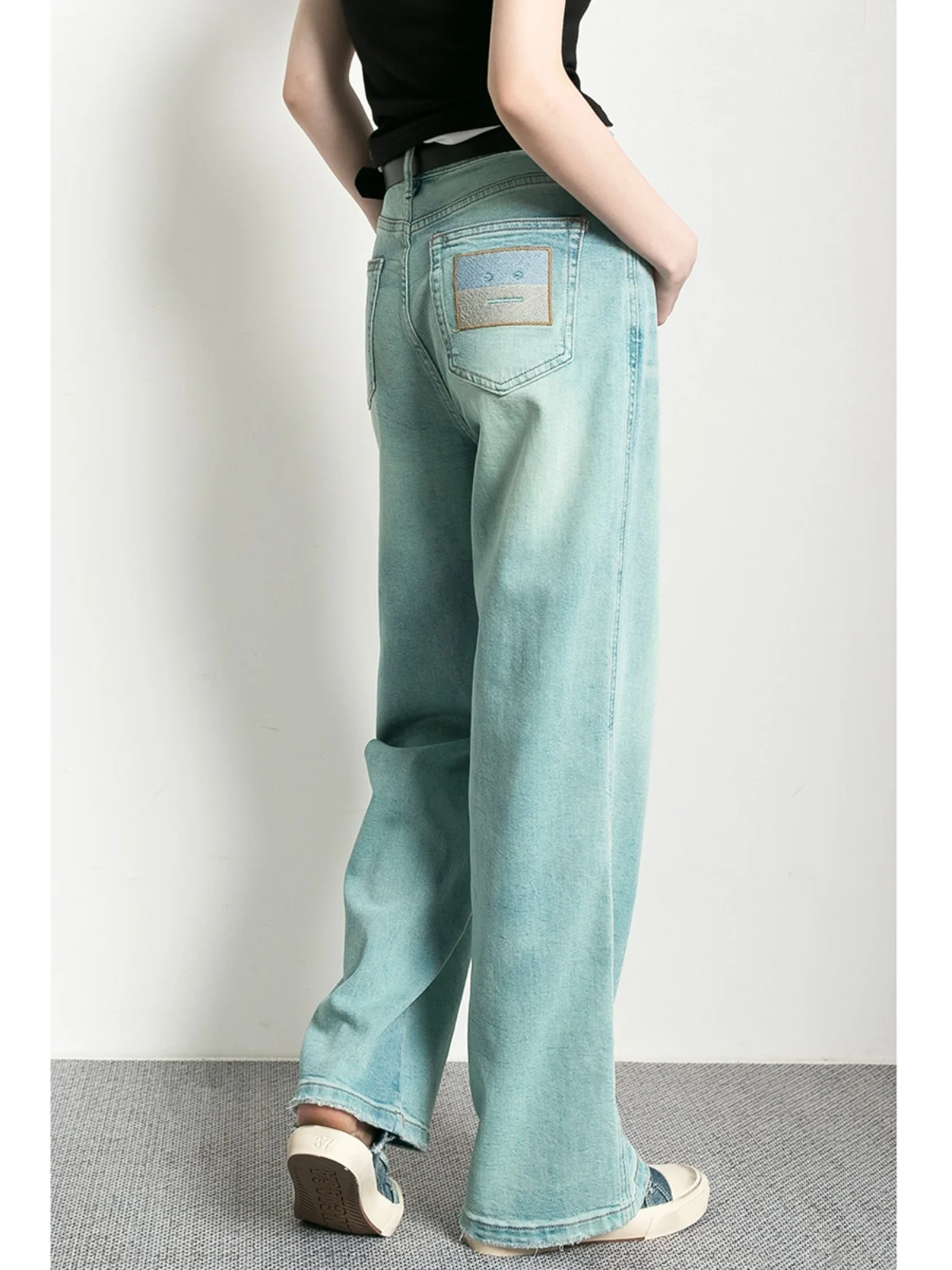 

Модные джинсы с вышивкой, прямые, с высокой талией, женские, светло-голубые, с рваным краем, джинсовые брюки, весна-осень, длинные штаны