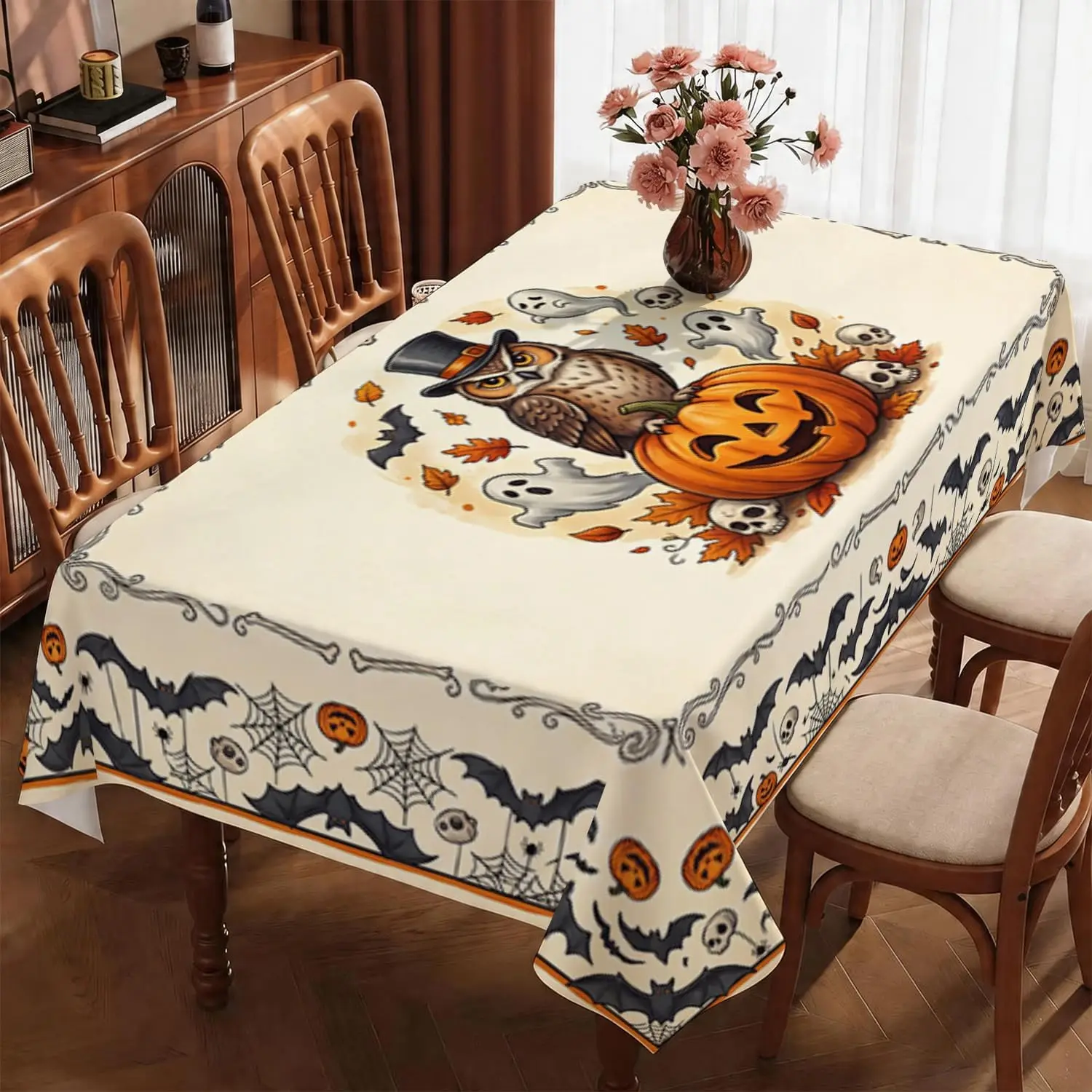 Halloween Pumpkins Bat Owl Skull Spider Web Tablecloth for Table Decor Washable Kitchen Dining Table Cloth Halloween Decorations