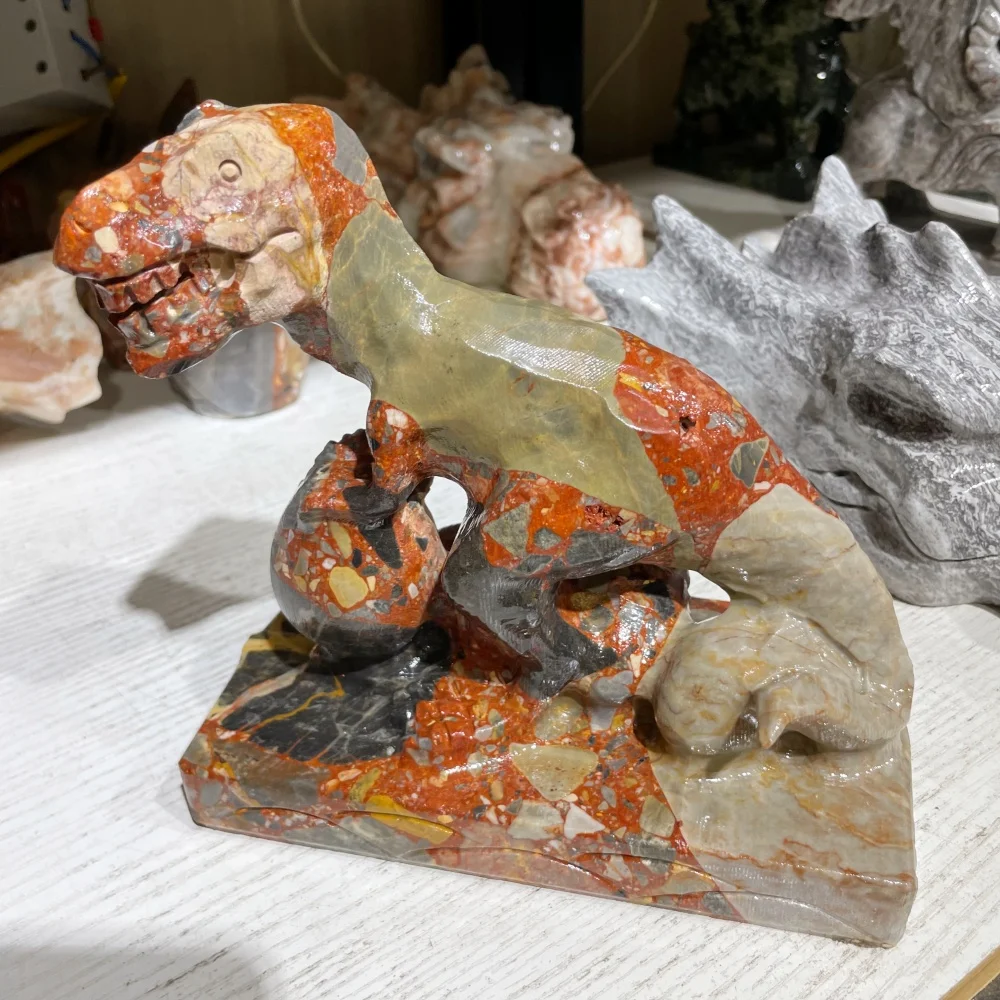 Multi Color Breccia Stone T-Rex Statue Tyrannosaurus Rex Dinosaur Egg Sculpture Prehistoric Animal Craft Home Decoration Gift