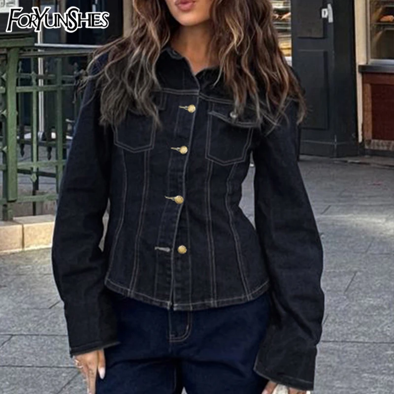 

Denim Jacket Coat Jeans Sets Women Single Breasted Lapel Long Sleeve Top Straight Pants Suits 2025 Spring Vintage Street Commute