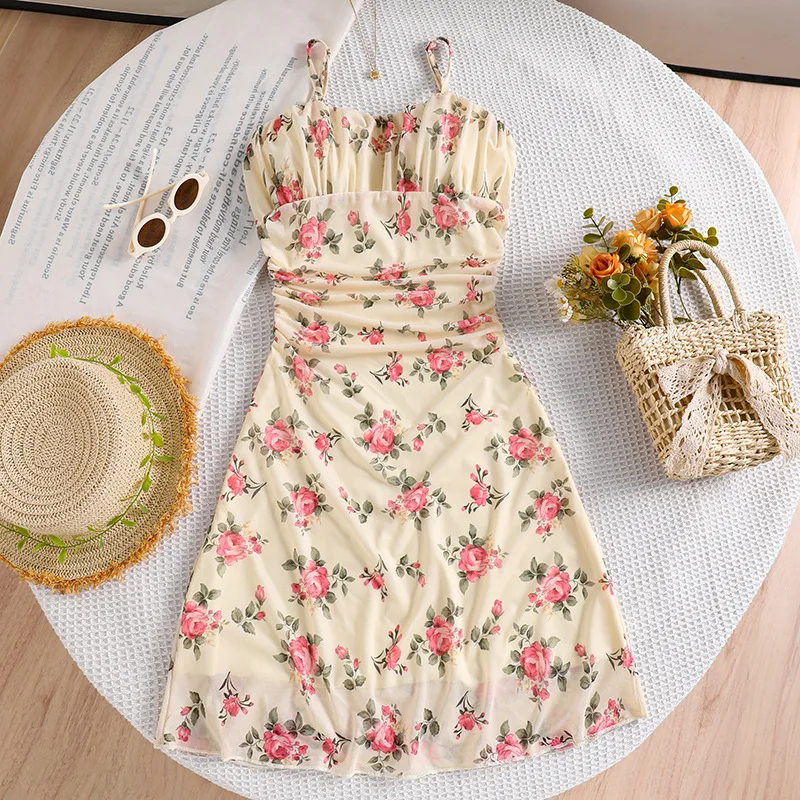 

8-12Y Girls Summer Strap Dresses 2025 New French Fashionable Casual Vacation Floral Print Dress Beach Dress