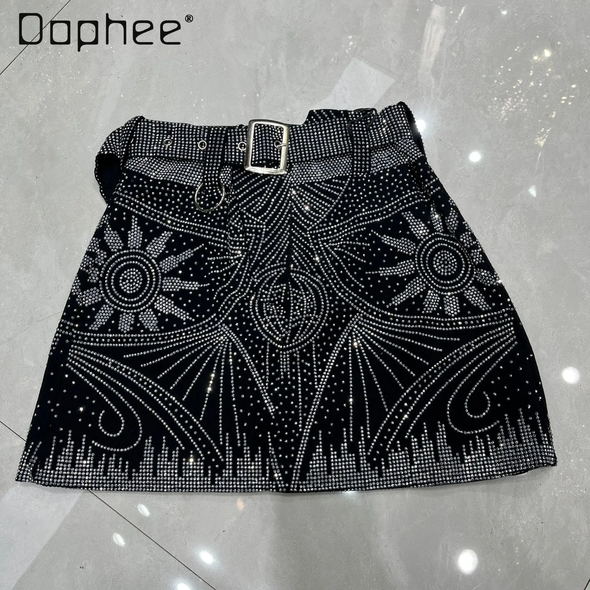 

European Style Sexy Belt Elastic A-line Skirt Heavy Craft Half Skirt Hotfix Rhinestones Shiny High Waist Slim Mini Skirt Women