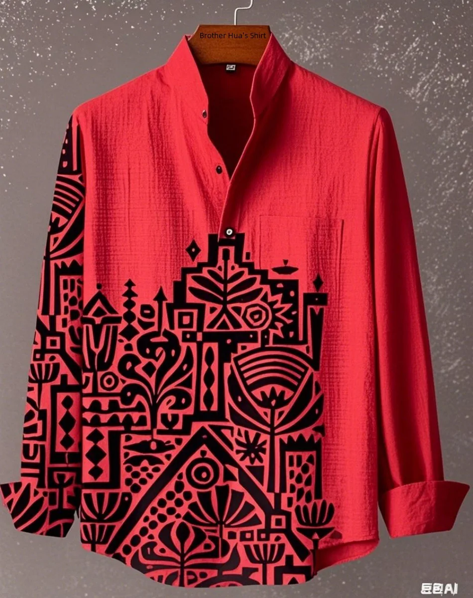 2025 Fashion New Men's Stand up Collar Linen Long Sleeve Shirt 3D Art Printed Simple Pattern Men's Casual Comfortable Large Size