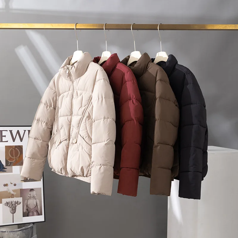 Femmes Parkas court manteau surdimensionné veste solide fermeture éclair col montant manches longues poche ample épais bureau dame décontracté 2025 hiver