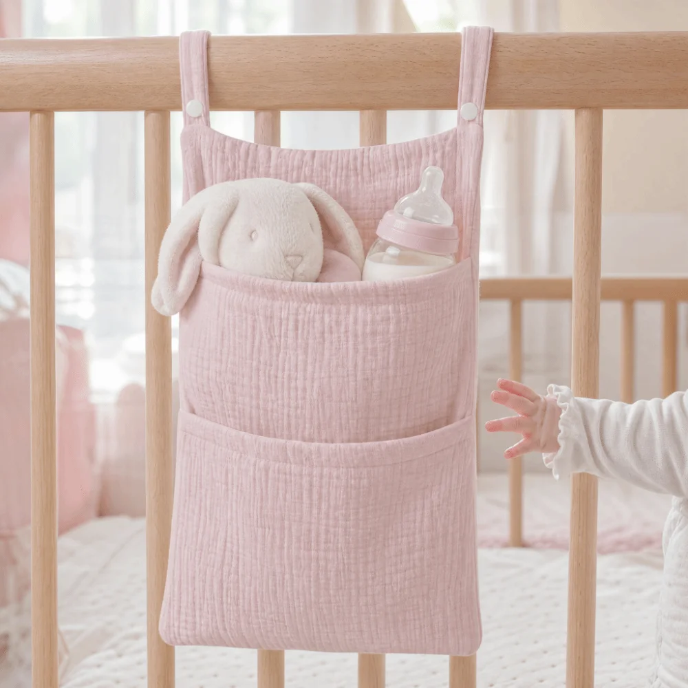 

Pure Cotton Baby Crib Hanging Bag Multifunctional Large Capacity Stroller Storage Bag Solid Color 2 Pockets Diapers Organizer