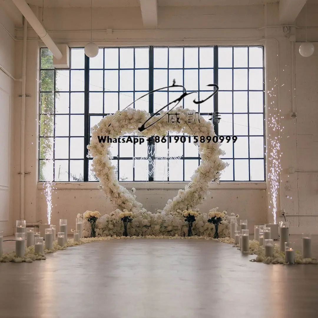 Wedding Backdrop Stage Valentine Decorations Marriage Proposal Red Roses Artificial White Flowers Heart Arch with Flowers