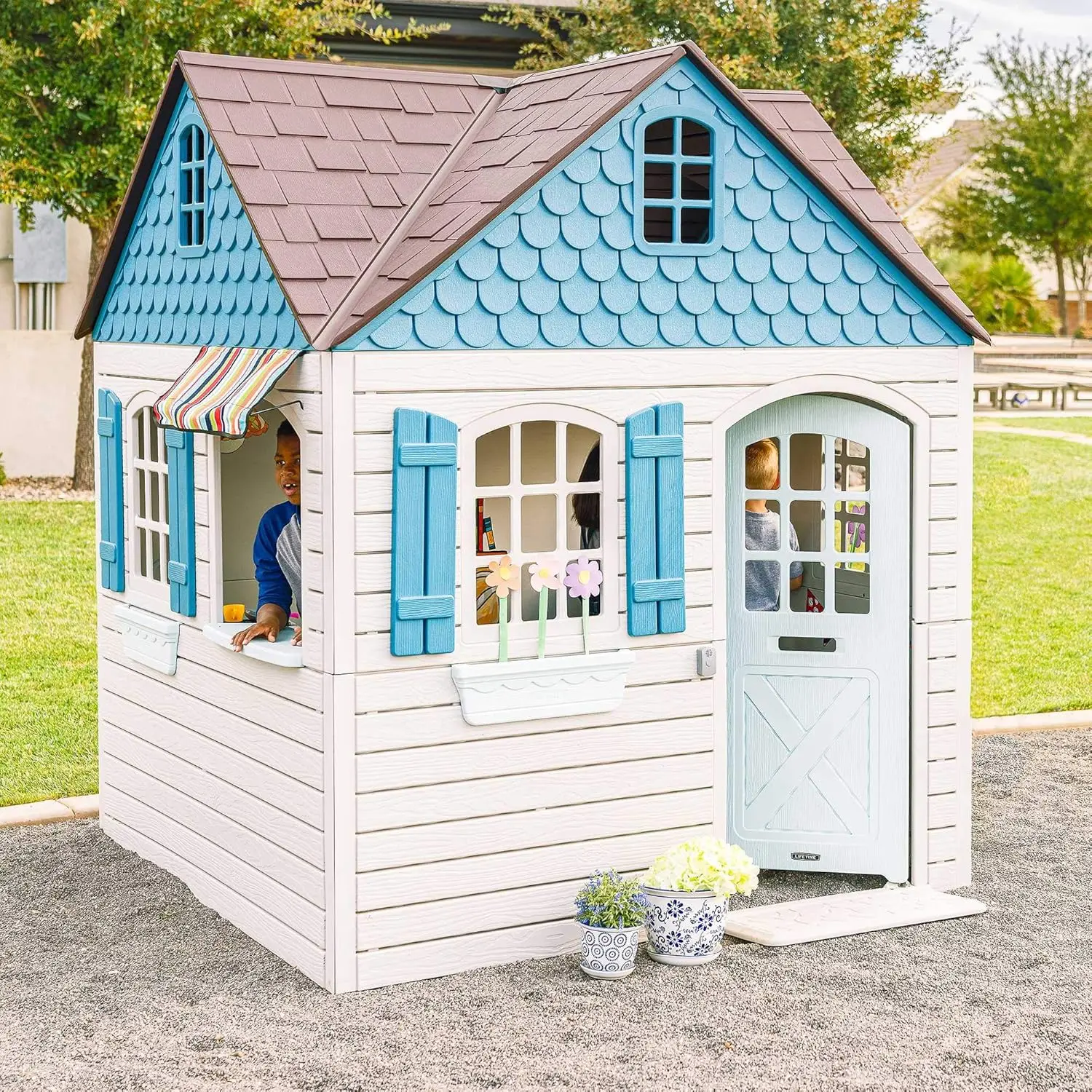 

Heavy Duty Plastic Outdoor Playhouse, 6ft x 6ft x 7 ft Tall, Beige & Blue