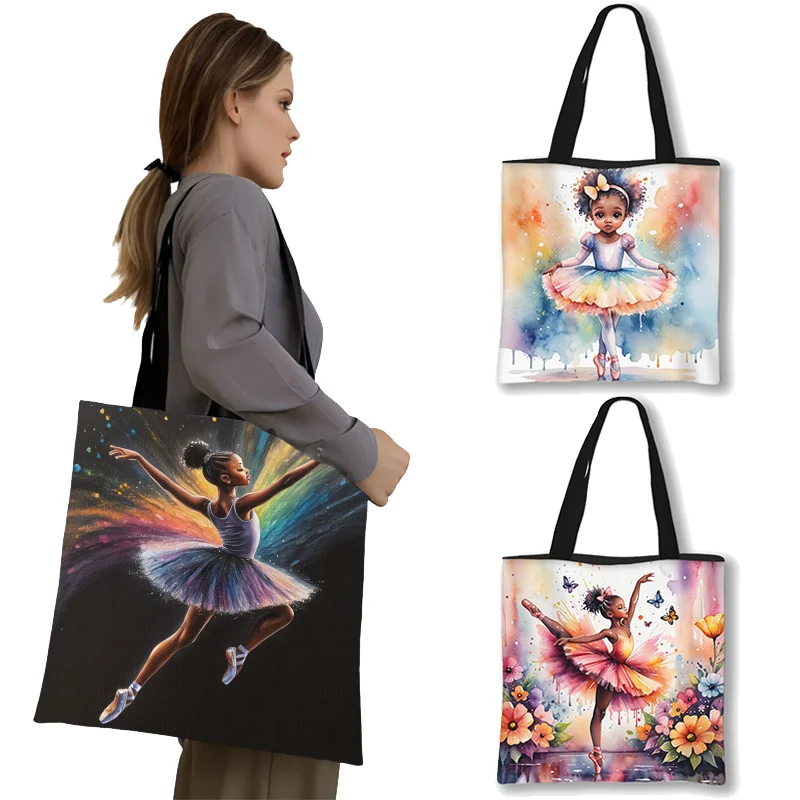

Afro Dancing Girl Shopping Bag Ballet Girl Princess Canvas Grocery Bags Large Capacity Shoulder Totes Bag Reusable Handbag