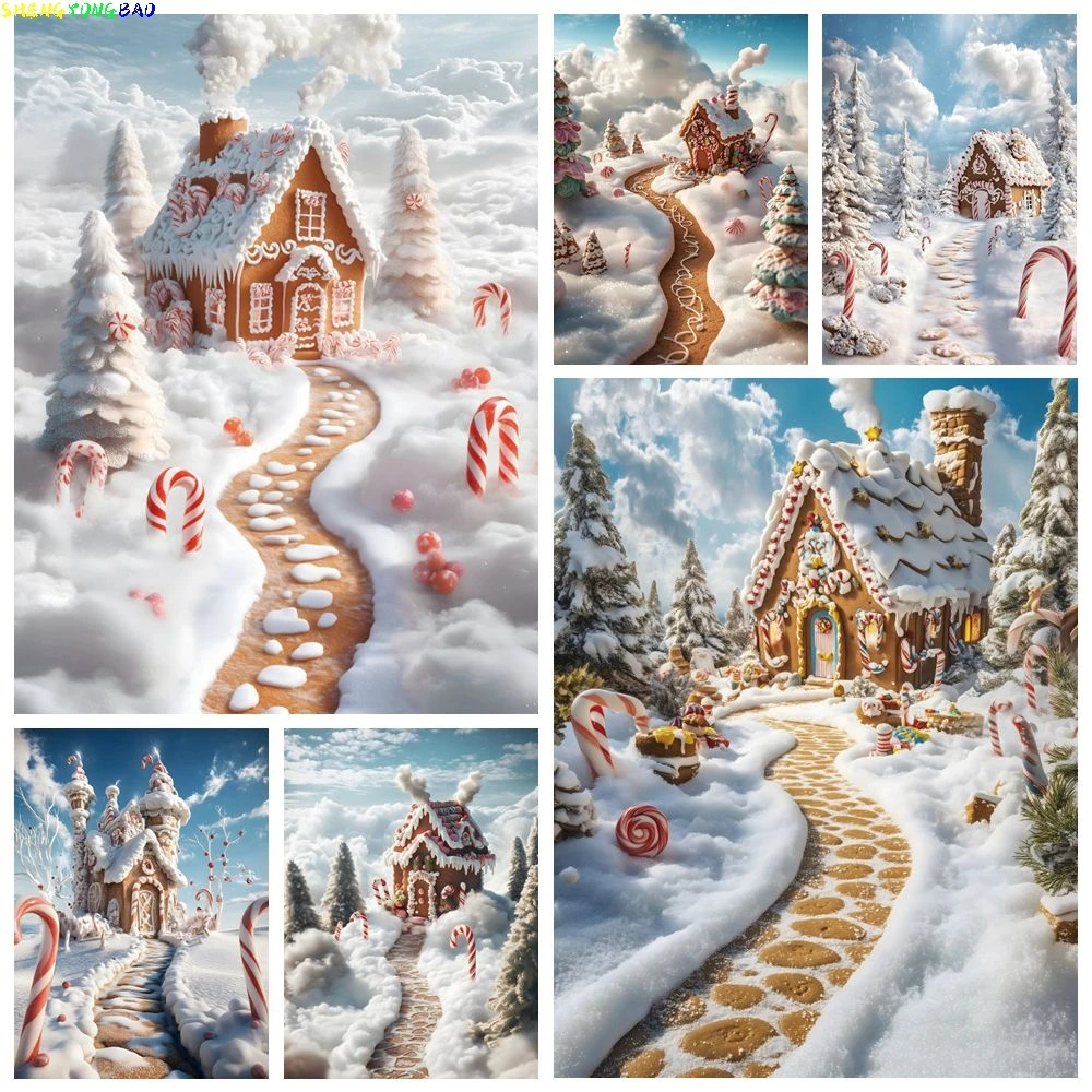 Christmas Winter Baby Kids Birthday Party Backdrop Snow Blue Sky Cloud Gingerbread House Candy Cane Photography Background Decor